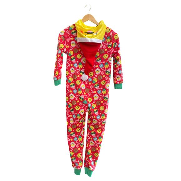 Sleep On It Emoji Christmas Union Suit Kids M 10/12 Red Santa Hooded Pajamas - Picture 2 of 9